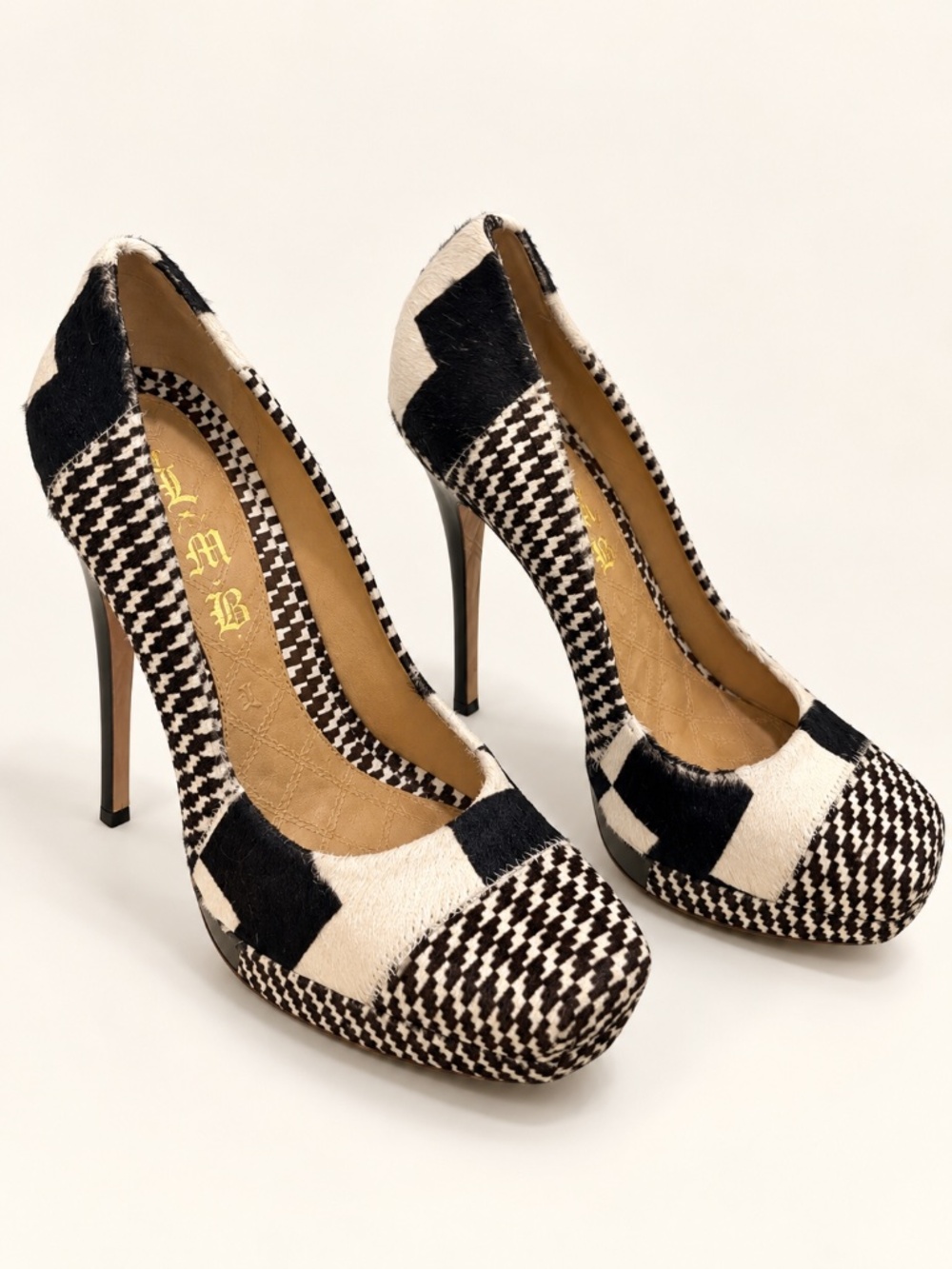 L.A.M.B. Juva Black White Houndstooth Calf Hair Platform Heels Size 9